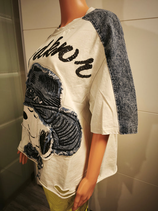 T-Shirt mit Jeansanteil und Pailletten bis Größe 46 tragbar