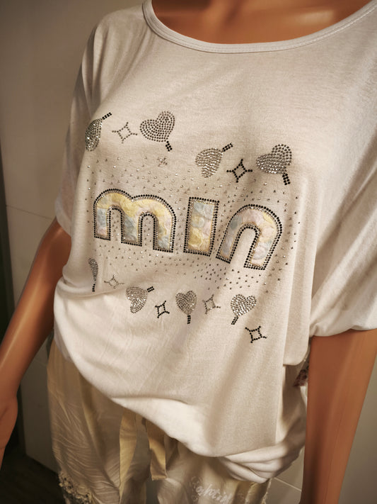 T-Shirt mit Motiv vorn aus Spitze und Glitzersteinen bis 46 tragbar
