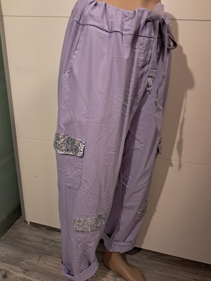 Stretch Hose mit vielen Taschen und Pailetten XXL