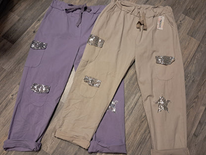 Stretch Hose mit vielen Taschen und Pailetten XXL