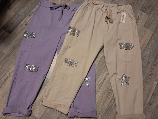 Stretch Hose mit vielen Taschen und Pailetten XXL