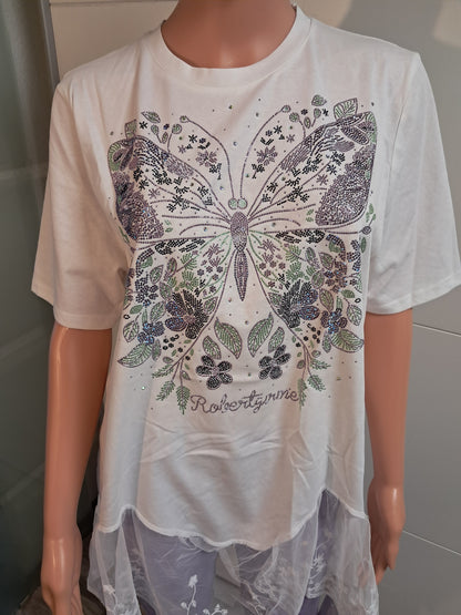 T-Shirt mit Spitzensaum und Strass bis 44 tragbar