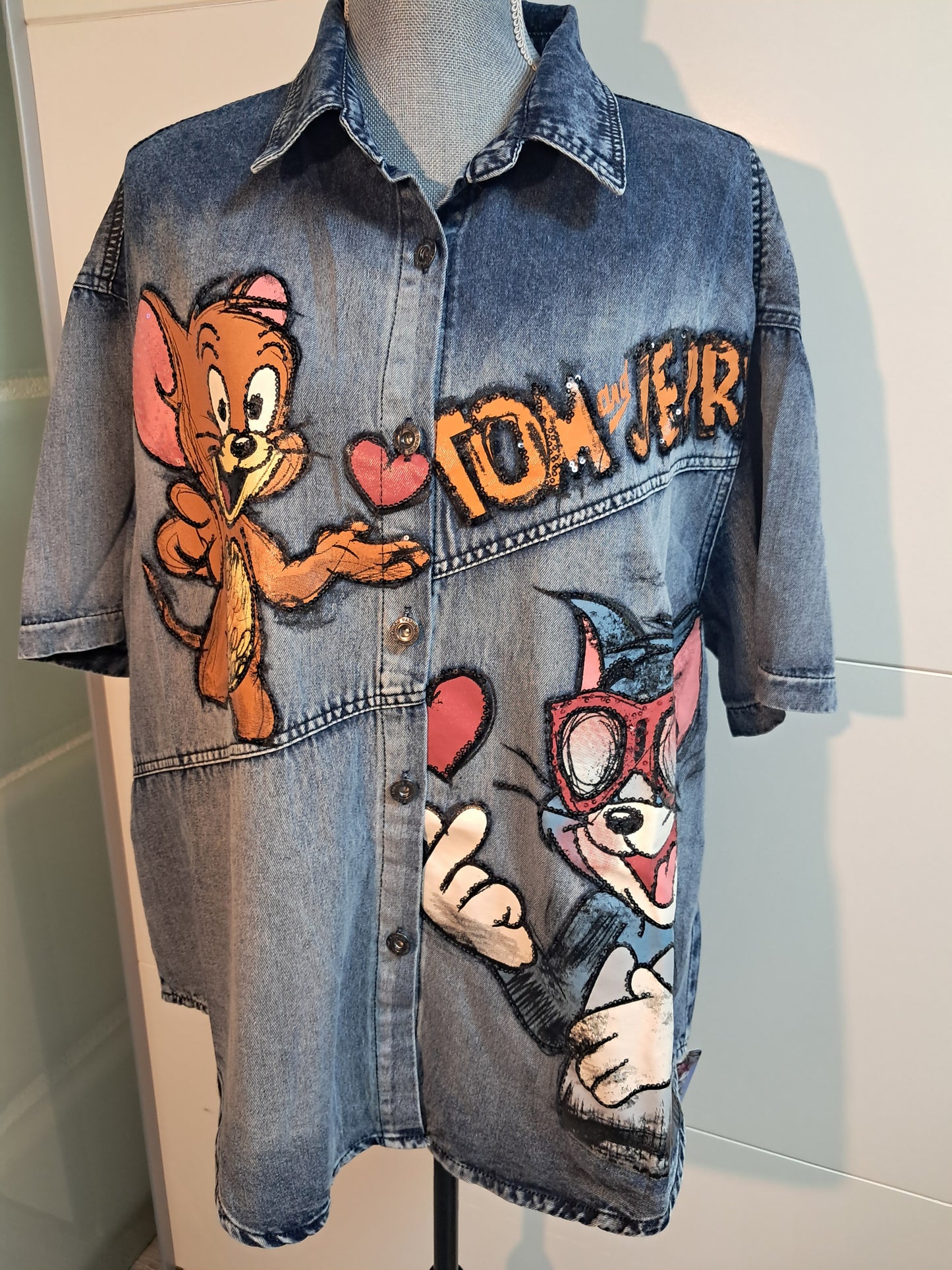 Jeans Hemd mit Druck und Pailletten bis 48 tragbar