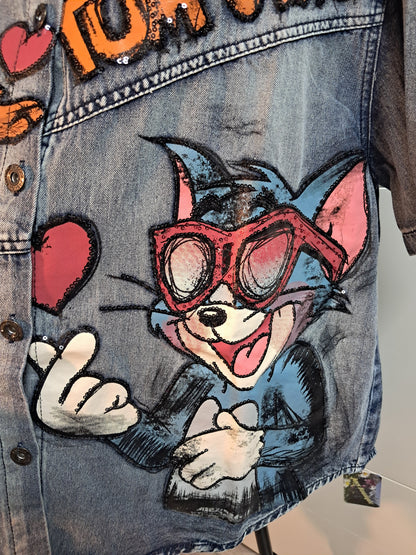 Jeans Hemd mit Druck und Pailletten bis 48 tragbar