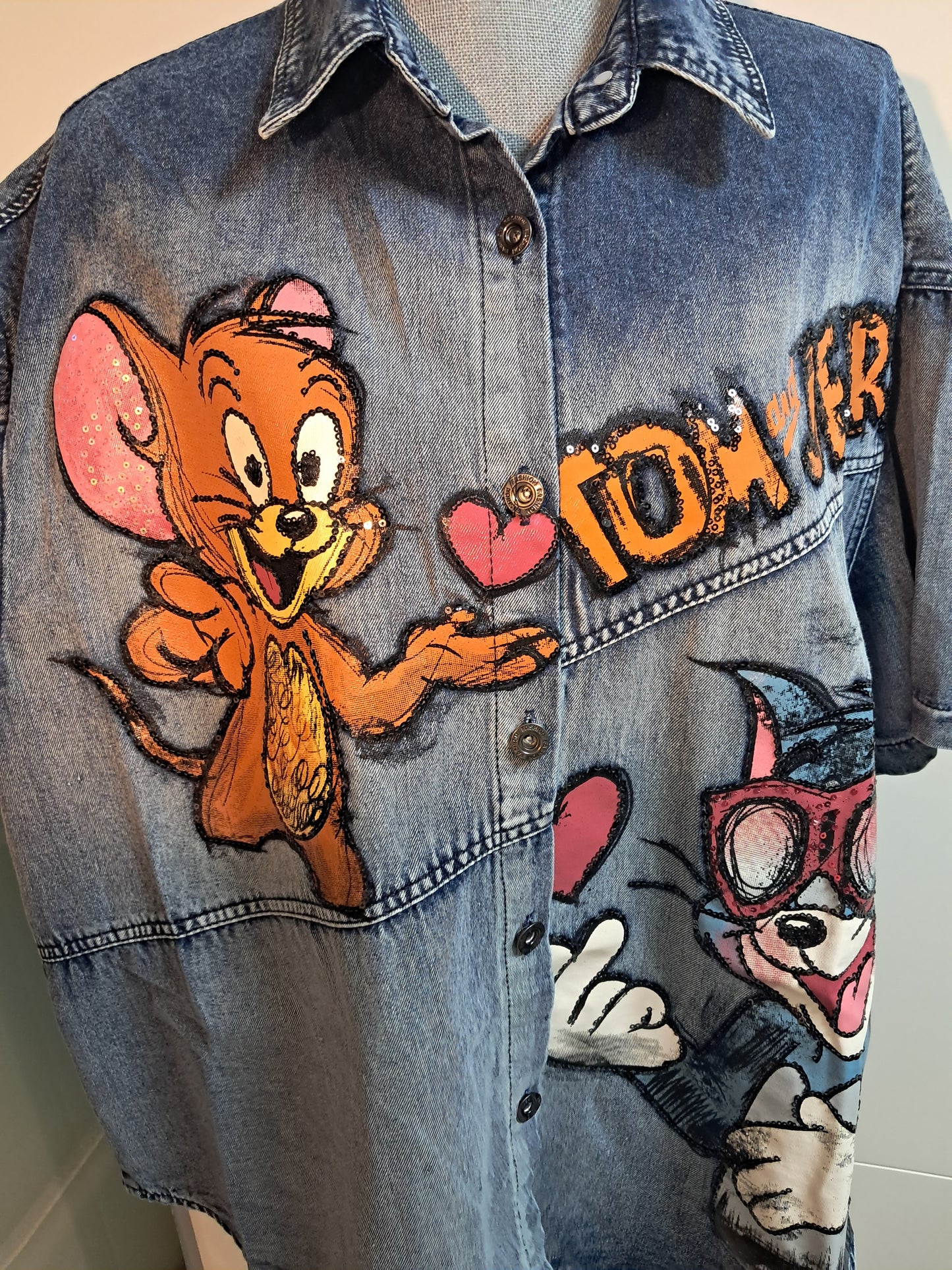 Jeans Hemd mit Druck und Pailletten bis 48 tragbar