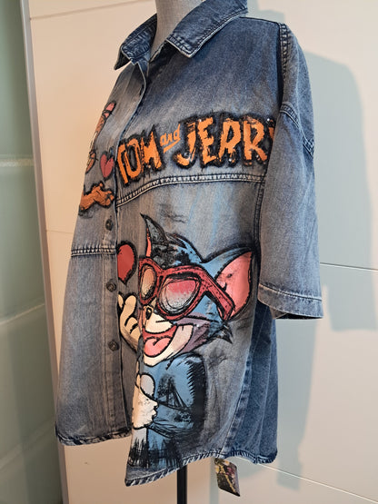 Jeans Hemd mit Druck und Pailletten bis 48 tragbar