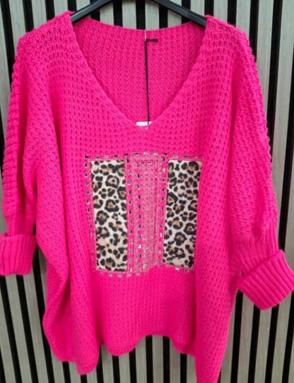 Grobstrick Pullover mit Leo Print und Glitzer