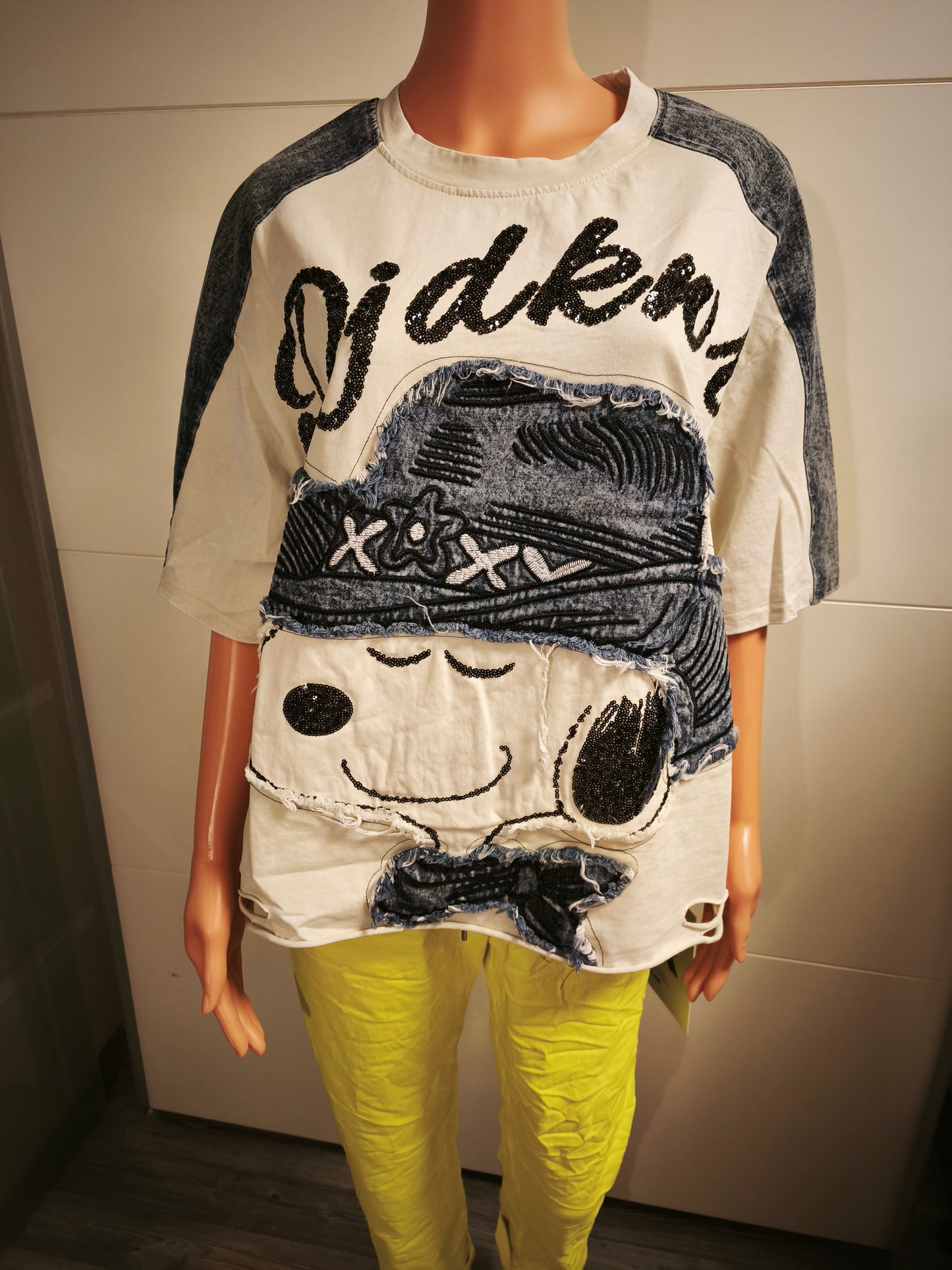 T-Shirt mit Jeansanteil und Pailletten bis Größe 46 tragbar