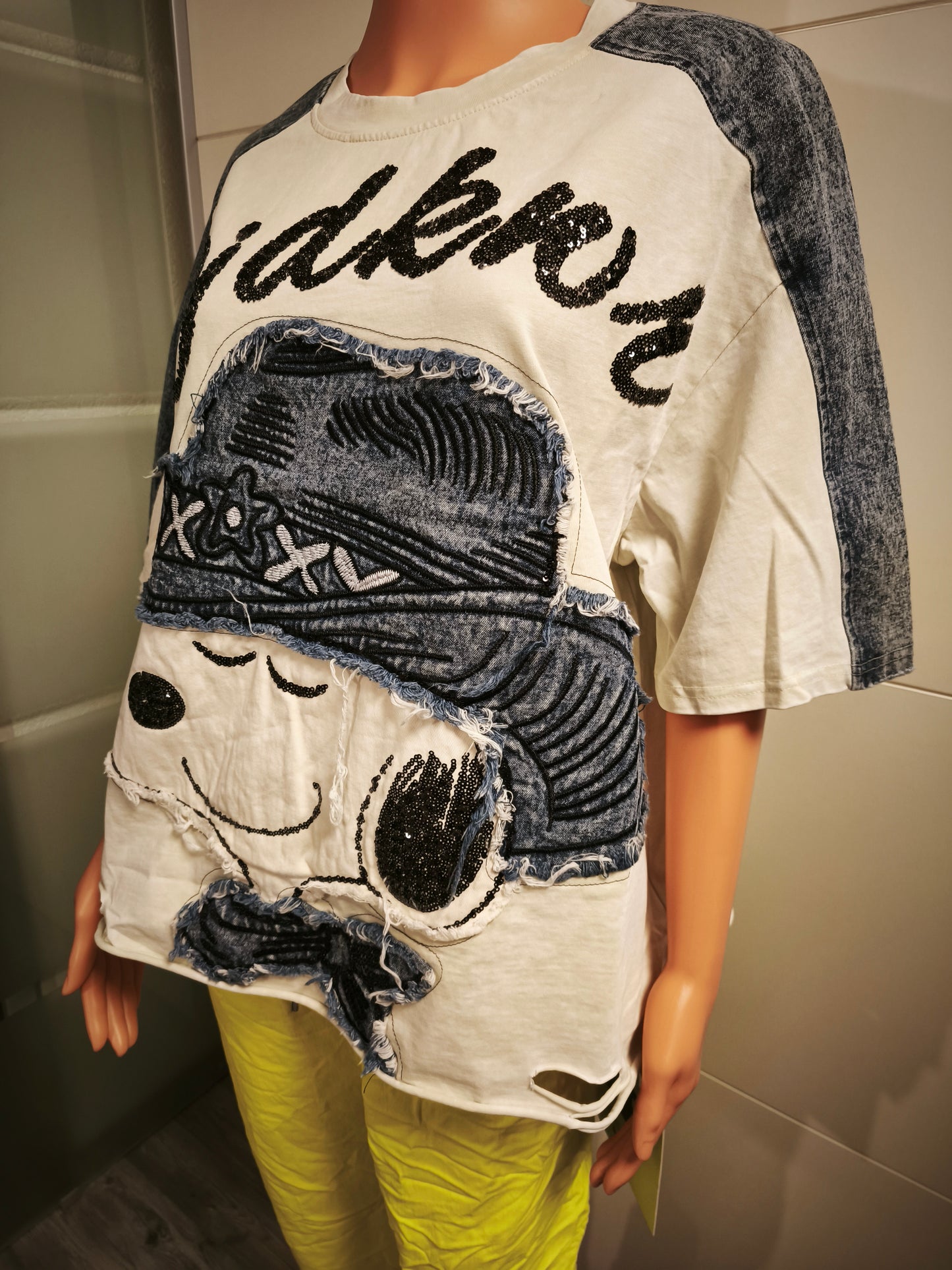 T-Shirt mit Jeansanteil und Pailletten bis Größe 46 tragbar