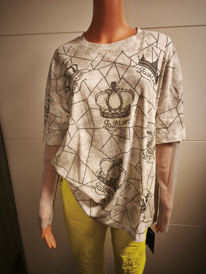 Shirt mit Kronen/Netz Glitzermuster bis Gr. 46 tragbar