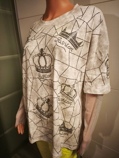 Shirt mit Kronen/Netz Glitzermuster bis Gr. 46 tragbar