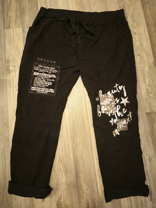 Bequeme Stretch Hose mit Strass/Pailletten bis Gr. 48/50 tragbar