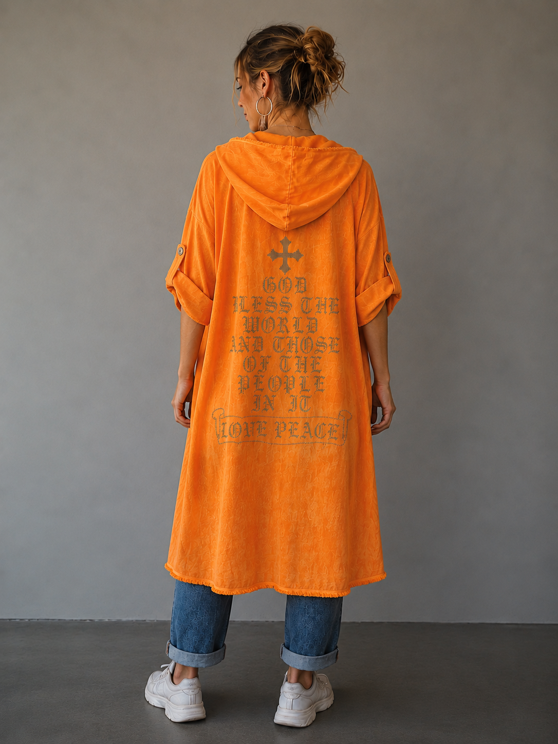 Neon Überwurf Kapuzen Mantel mit Strass bis 48/50 tragbar