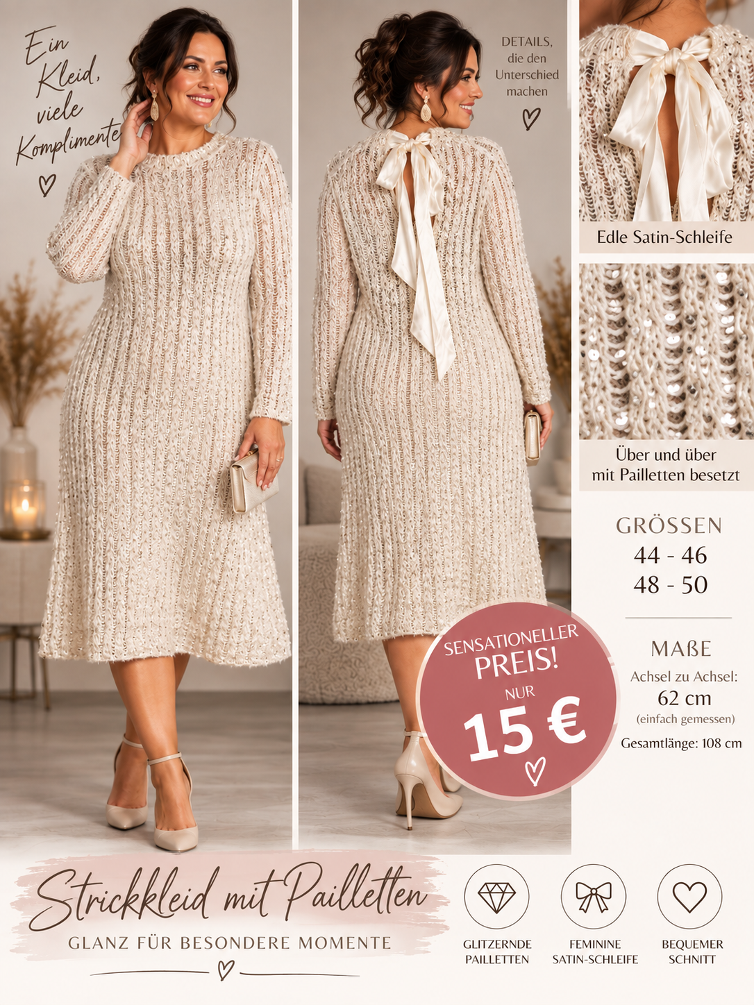 Strickkleid mit Pailletten Gr.44-50