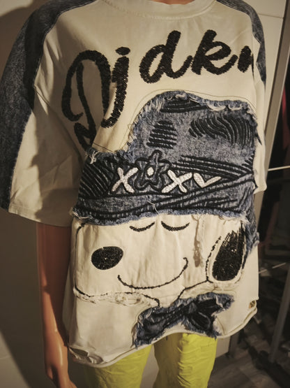 T-Shirt mit Jeansanteil und Pailletten bis Größe 46 tragbar